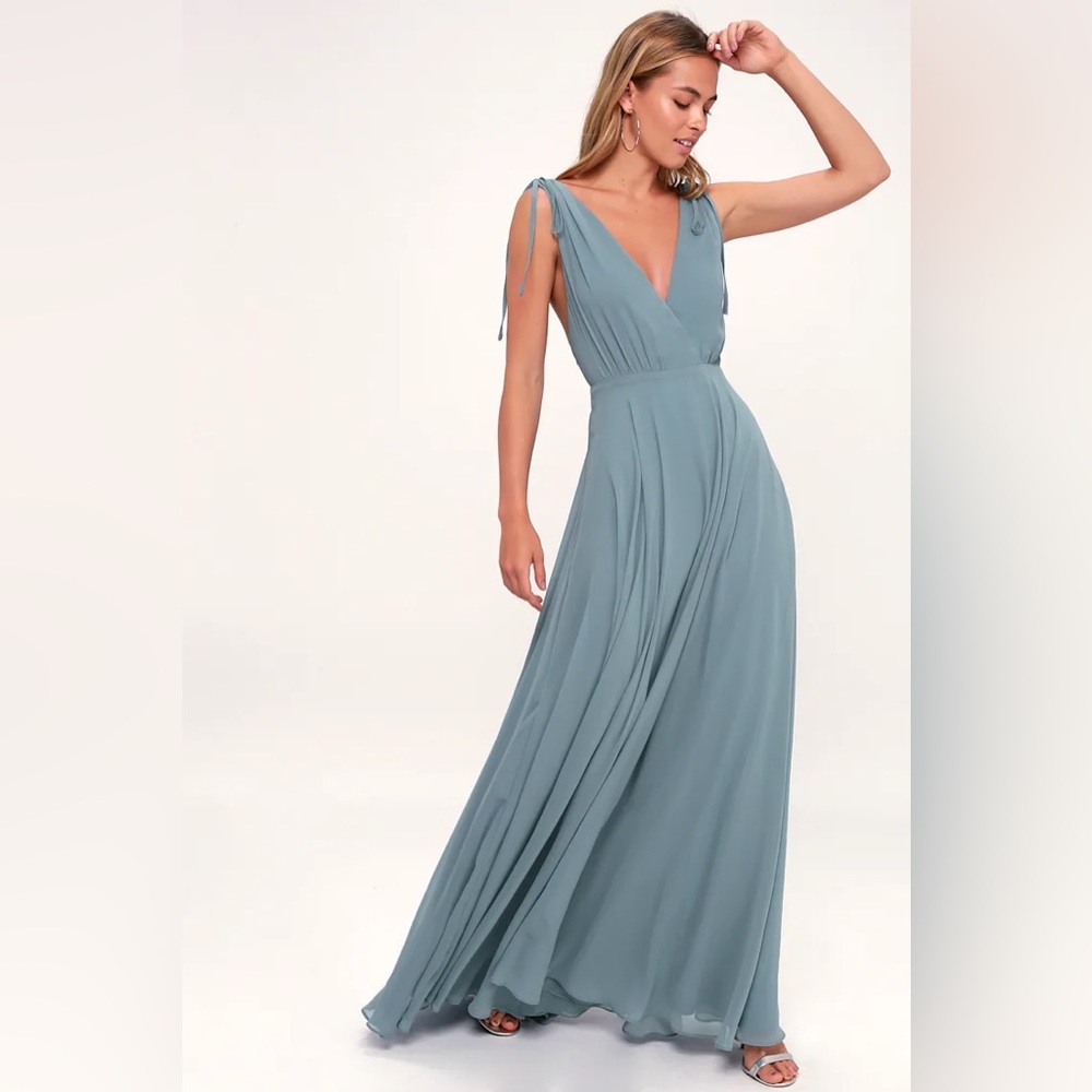 Lulu's Dusty Blue Tie-Shoulder V-Neck Maxi Dress